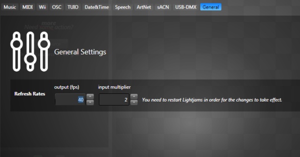 General settings with output and dmx refresh rate