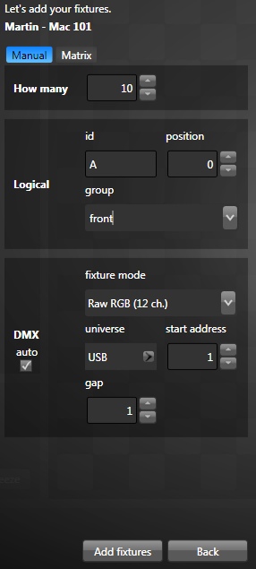 Prepare to add new fixtures to your patch. Set default DMX universe and address.