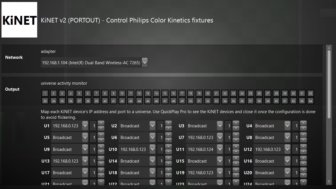 KiNET Philips Color Kinetics configuration panel