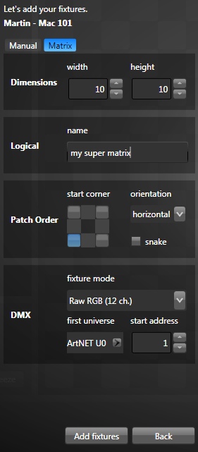 Easy create matrix of DMX fixtures.