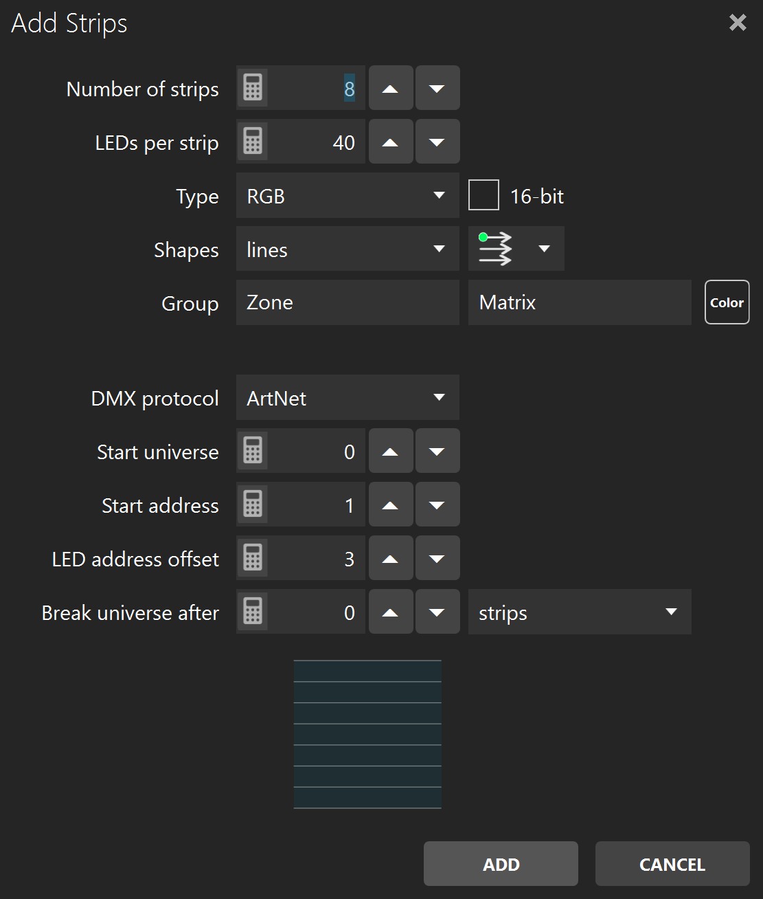 Add Strips dialog used to patch strips, choose shapes, and assign DMX settings
