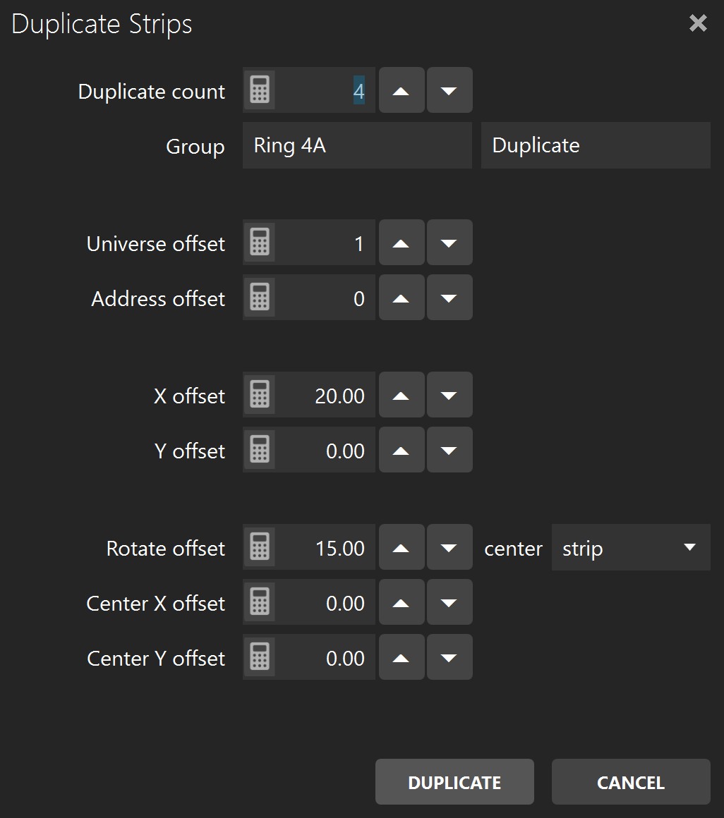 Duplicate Strips dialog for copying strips with offsets, rotations, and DMX changes