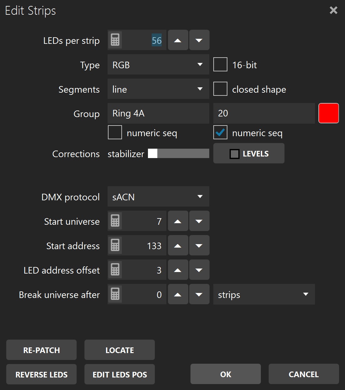 Edit Strips dialog for changing strip geometry, grouping, patch, and LED settings