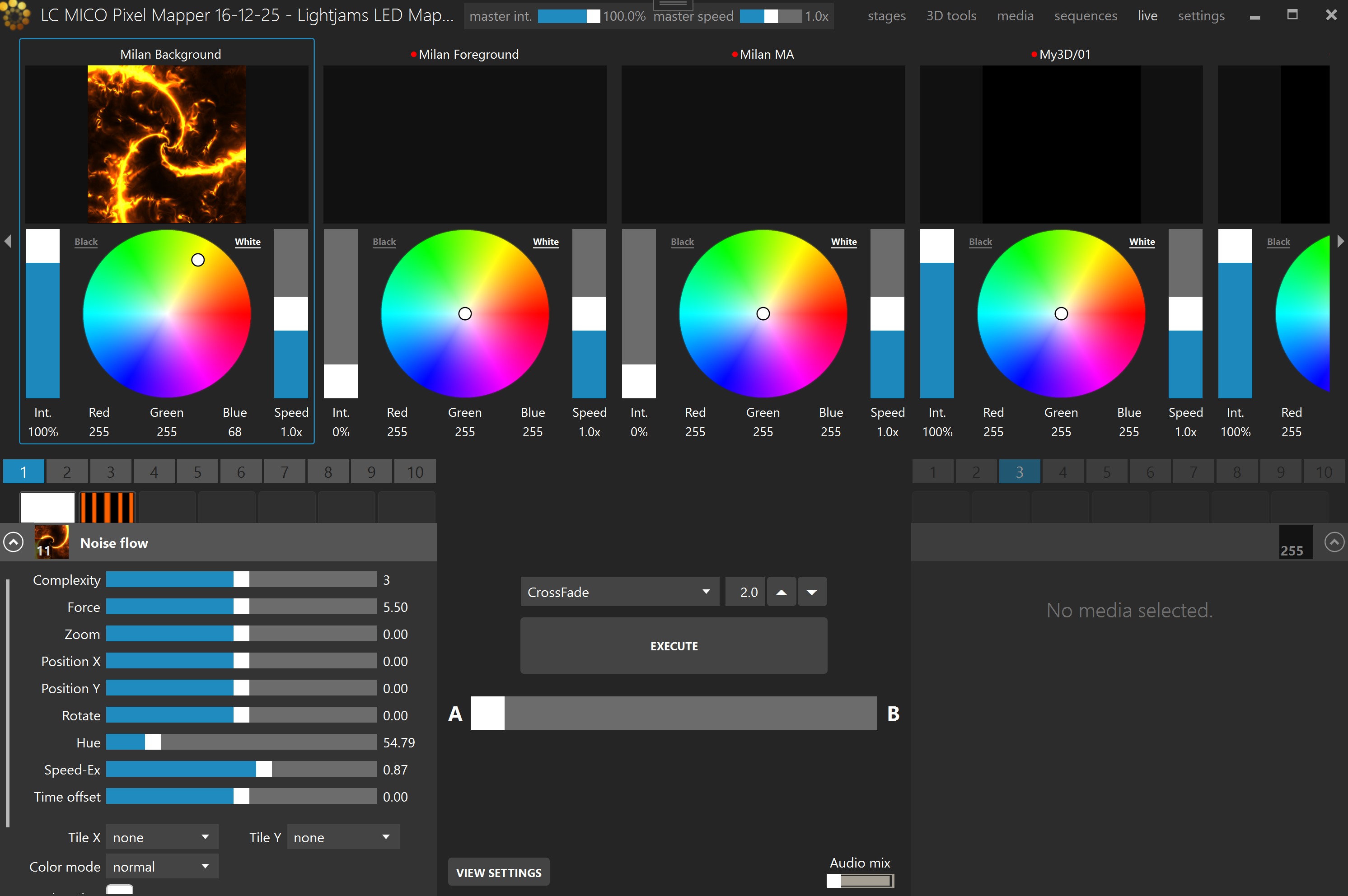 Live Mode showing A and B media banks, fader, transition controls, and stage playback settings