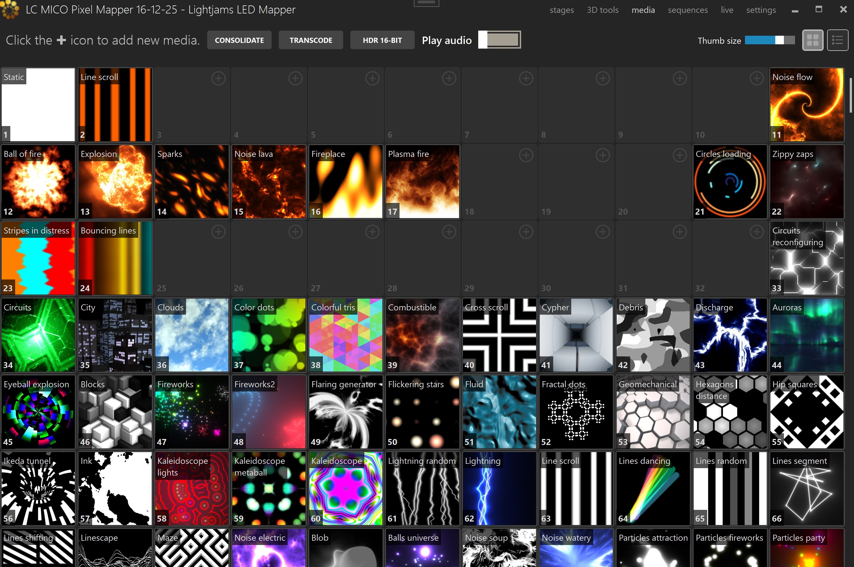Media Library showing media slots and thumbnails for videos, images, and effects