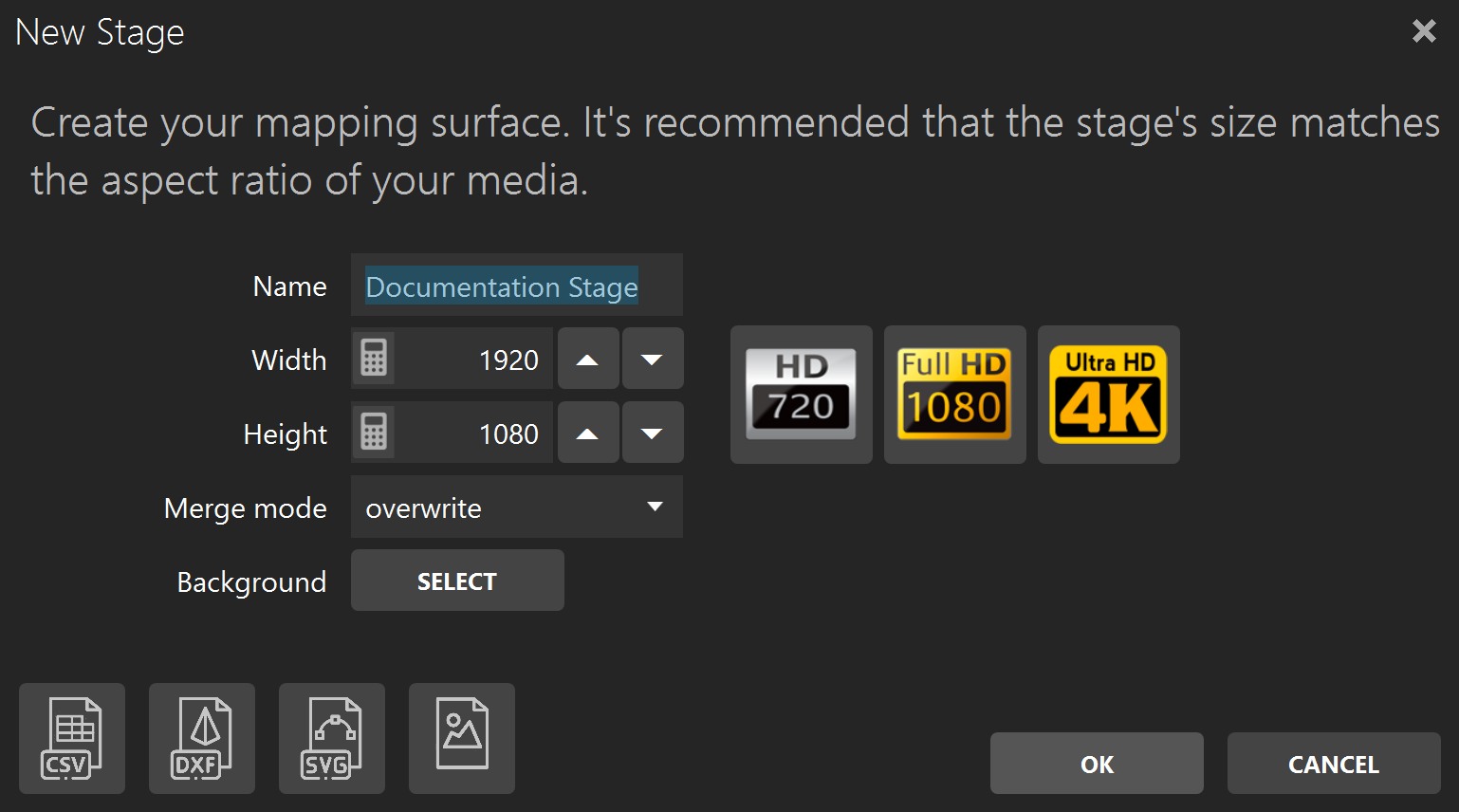 New Stage dialog for naming a stage, choosing its size, merge mode, and optional background image