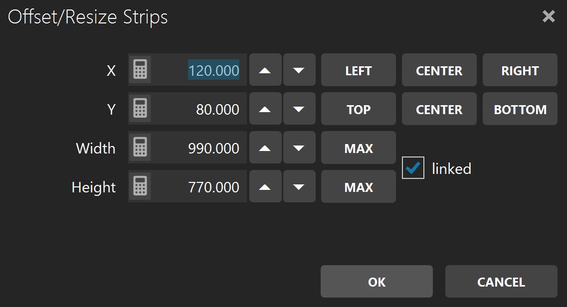 Offset and Resize Strips dialog for changing strip position and size numerically