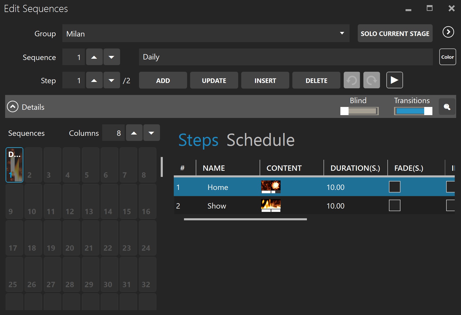 Sequence editor showing sequence steps, store controls, and scheduling options