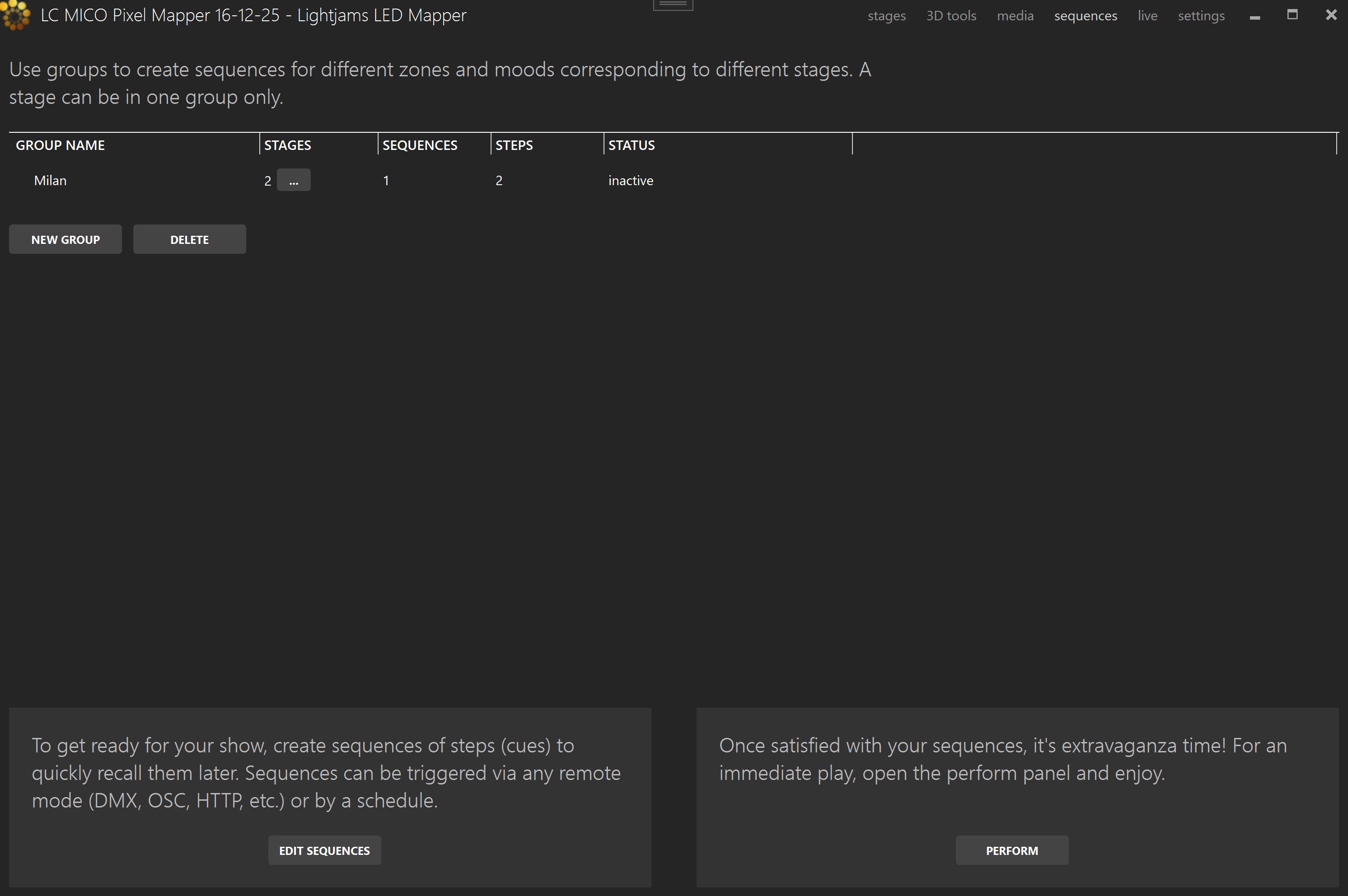 Sequences overview showing groups and sequence controls