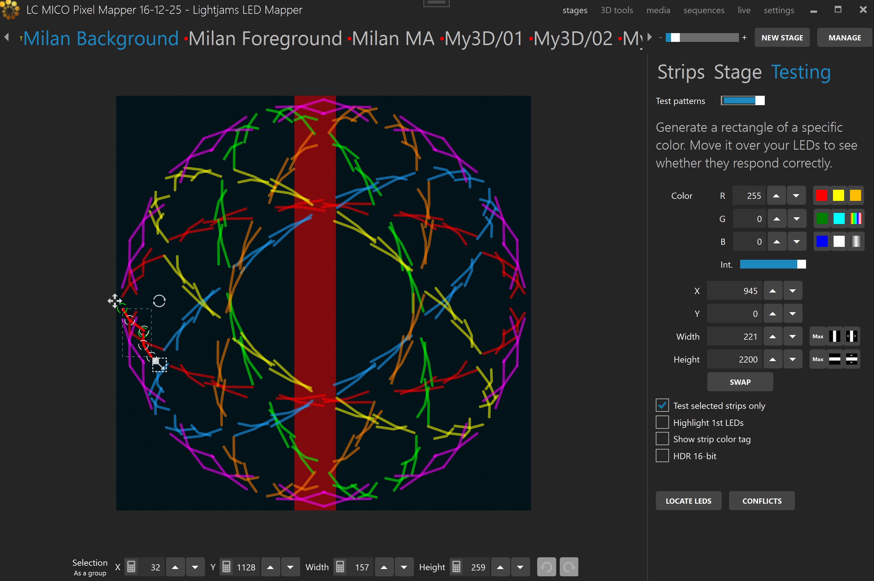 Testing Tab with test pattern color, rectangle position and size, and LED test options