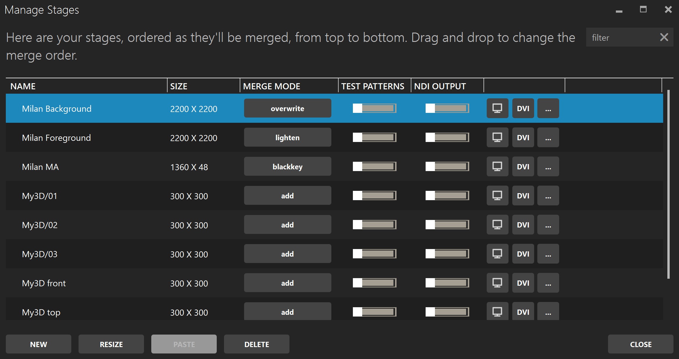 Stages Manager showing stage order, merge modes, and stage actions