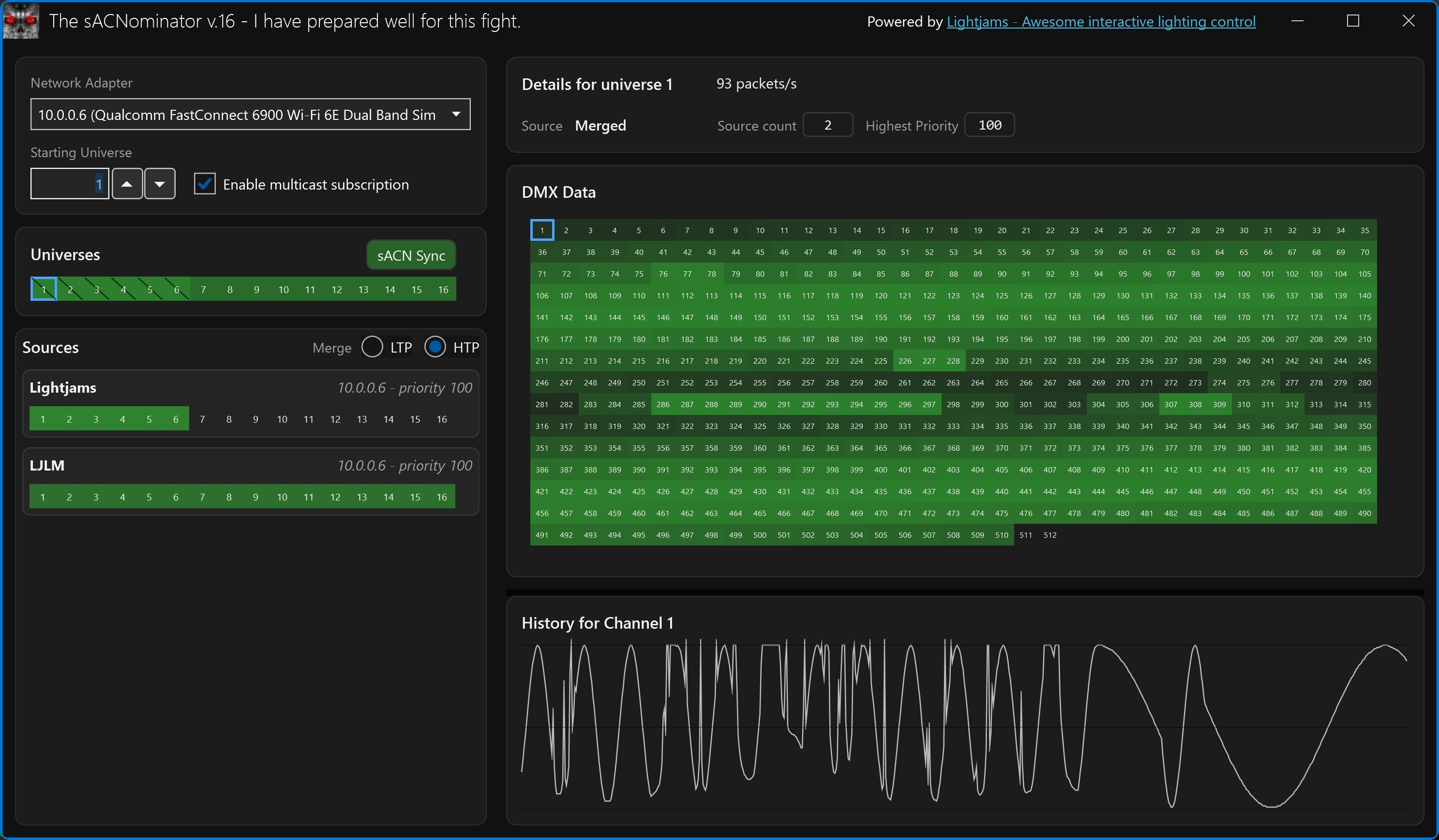 sACNominator software main interface. See all sACN DMX activity in realtime.